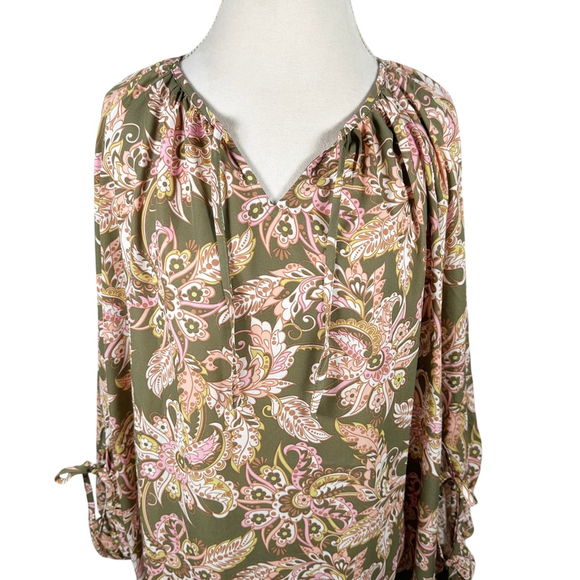 Belle Kim Gravel Boho Free Spirit Blouse Olive Dusk Paisley Peasant Top Size 1X - Picture 7 of 10